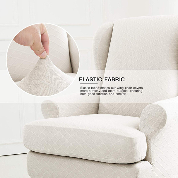 Ivory Super Stretch Rhombus Jacquard Spandex Fabric 2 Pieces T-Cushion Wingback Slipcover Ivory Super Stretch Rhombus Jacquard Spandex Fabric 2 Pieces T-Cushion Wingback Slipcover