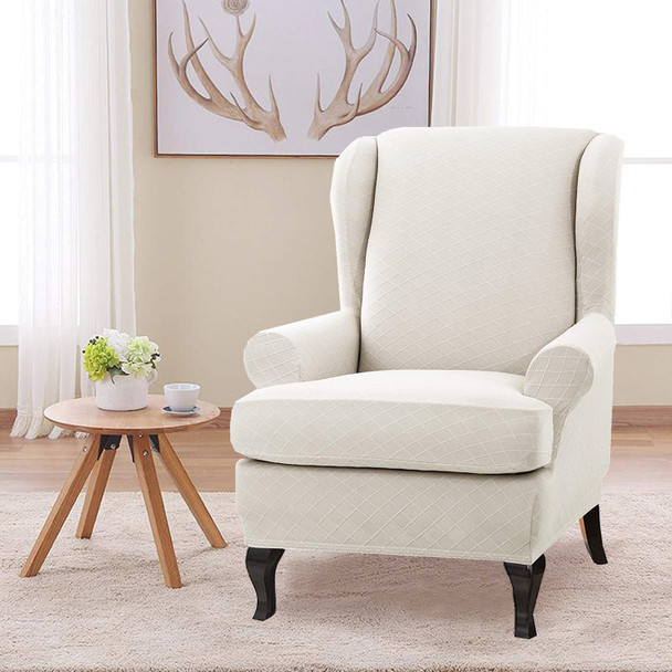 Ivory Super Stretch Rhombus Jacquard Spandex Fabric 2 Pieces T-Cushion Wingback Slipcover Ivory Super Stretch Rhombus Jacquard Spandex Fabric 2 Pieces T-Cushion Wingback Slipcover