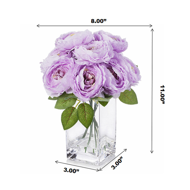Purple Silk Peony Arrangement in Clear Glass Vase With Faux Water
