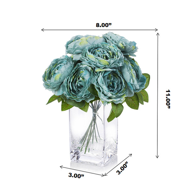 Blue Silk Peony Arrangement in Clear Glass Vase With Faux Water