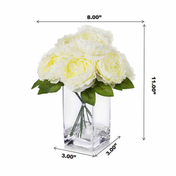 Cream Silk Peony Arrangement in Clear Glass Vase With Faux Water