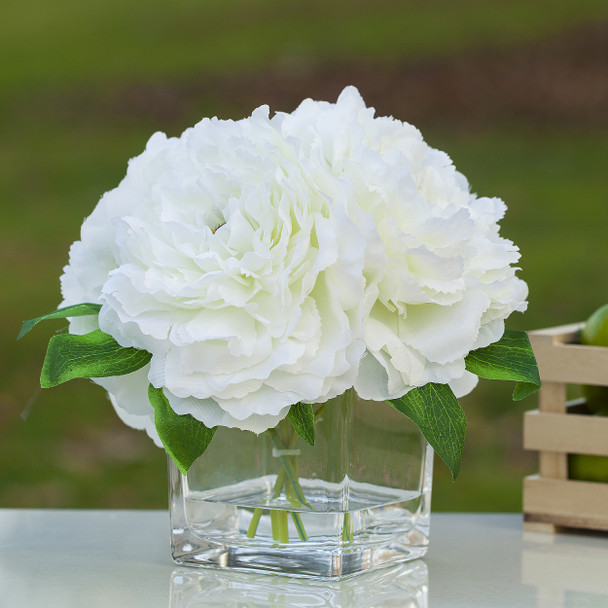 Cream Silk Peony Arrangement in Cube Glass Vase With Faux Water