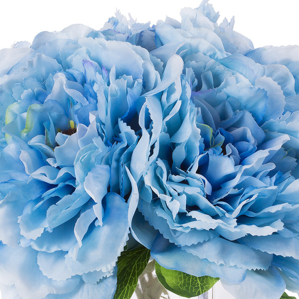 Blue Silk Peony Arrangement in Cube Glass Vase With Faux Water Blue Silk Peony Arrangement in Cube Glass Vase With Faux Water