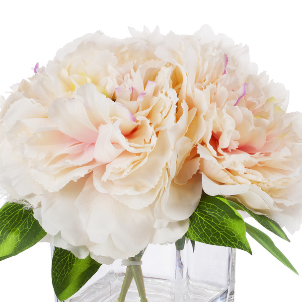 Peach Silk Peony Arrangement in Cube Glass Vase With Faux Water Peach Silk Peony Arrangement in Cube Glass Vase With Faux Water
