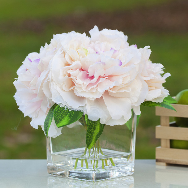 Peach Silk Peony Arrangement in Cube Glass Vase With Faux Water Peach Silk Peony Arrangement in Cube Glass Vase With Faux Water
