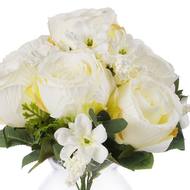 Cream Mixed Silk Rose Flower Arrangement in Clear Glass Vase With Faux Water Cream Mixed Silk Rose Flower Arrangement in Clear Glass Vase With Faux Water