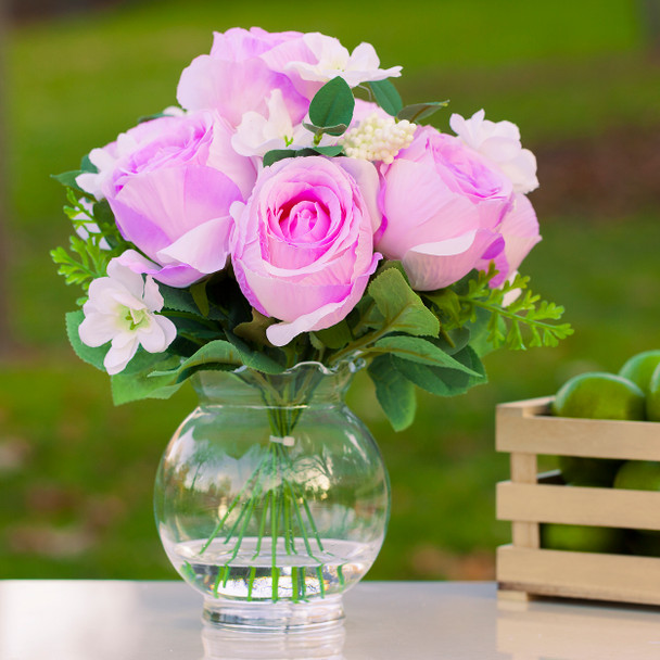 Pink Mixed Silk Rose Flower Arrangement in Clear Glass Vase With Faux Water Pink Mixed Silk Rose Flower Arrangement in Clear Glass Vase With Faux Water