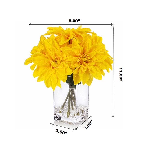 Yellow Silk Dahlia Flower Arrangement in Clear Glass Vase With Faux Water Yellow Silk Dahlia Flower Arrangement in Clear Glass Vase With Faux Water