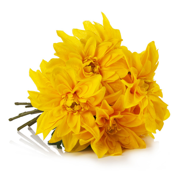 Yellow Silk Dahlia Flower Arrangement in Clear Glass Vase With Faux Water Yellow Silk Dahlia Flower Arrangement in Clear Glass Vase With Faux Water