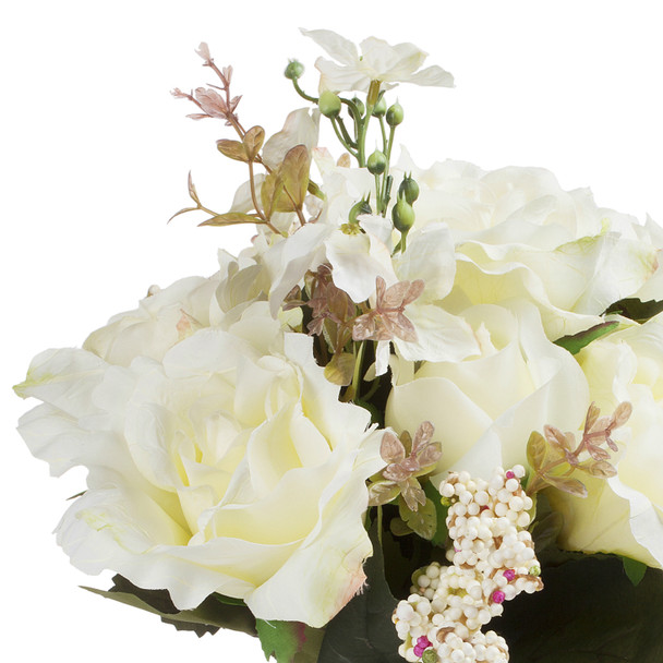 Cream Mixed Silk Rose Flower  Arrangement in  Glass Vase With Faux Water and River Stone