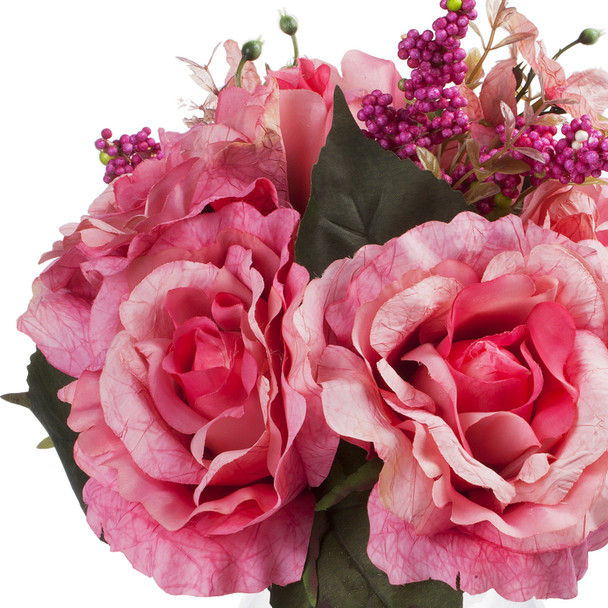 Pink Mixed Silk Rose Flower  Arrangement in  Glass Vase With Faux Water and River Stone