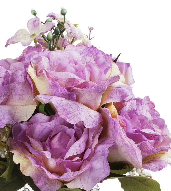 Purple Mixed Silk Rose Flower  Arrangement in  Glass Vase With Faux Water and River Stone