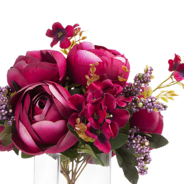 Wine Mixed Silk Peony Flower in Glass Vase With Faux Water Wine Mixed Silk Peony Flower in Glass Vase With Faux Water