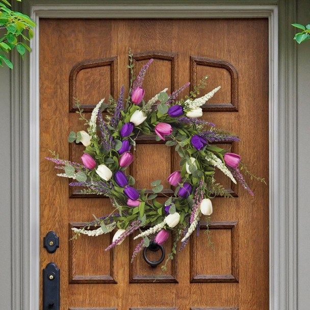 18" Mixed Tulip Artificial Flower Wreath