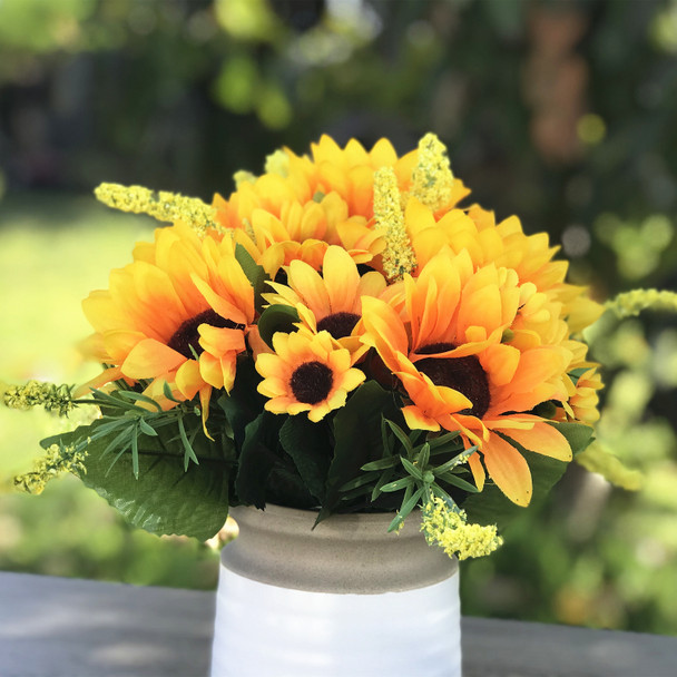 Mixed Silk Sunflower Arrangement in White Ceramic Vase