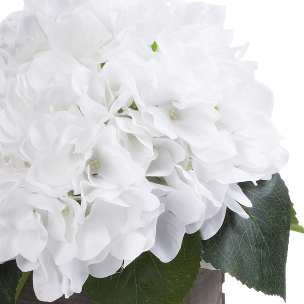 White Silk Hydrangea Flower Arrangement in Wood Planter White Silk Hydrangea Flower Arrangement in Wood Planter