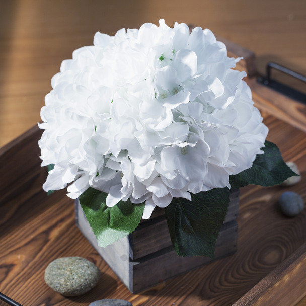 White Silk Hydrangea Flower Arrangement in Wood Planter White Silk Hydrangea Flower Arrangement in Wood Planter
