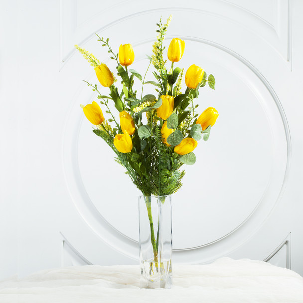 Yellow Mixed Silk Tulip Flower in Clear Glass Vase With Faux Water Yellow Mixed Silk Tulip Flower in Clear Glass Vase With Faux Water