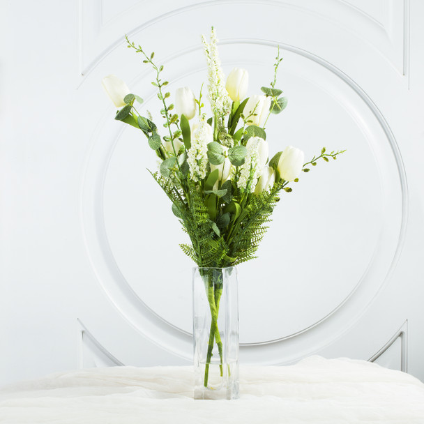 Cream Mixed Silk Tulip Flower in Clear Glass Vase With Faux Water