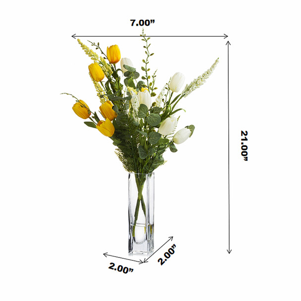 Yellow Cream Mixed Silk Tulip Flower in Clear Glass Vase With Faux Water