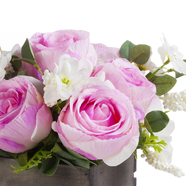 Pink Mixed Rose Flower Arrangement in Wood Planter