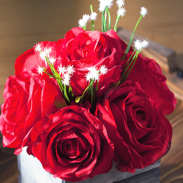 Red Mixed Rose Flower Arrangement With Wood Planter