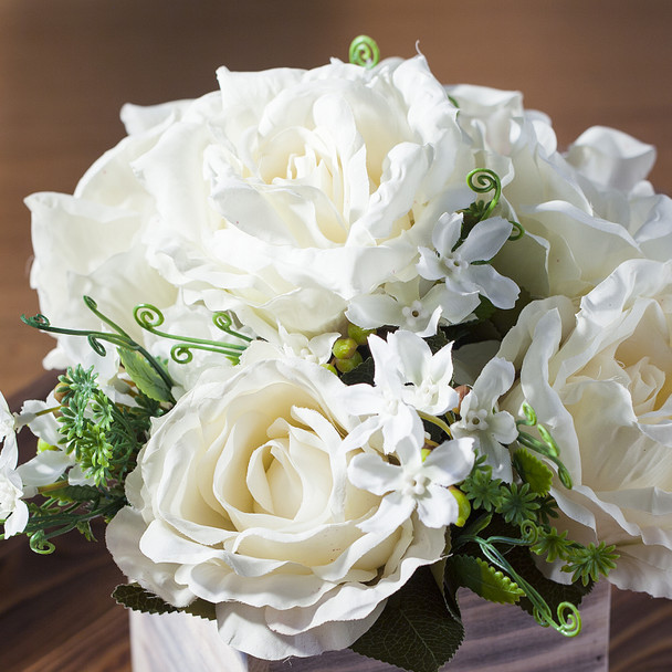 Cream Mixed Rose Flower Arrangement in Natural Wood Planter