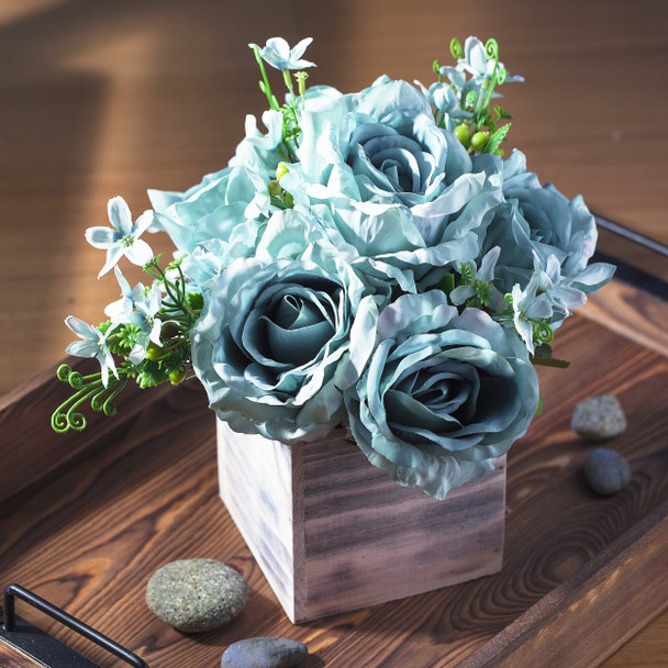Aqua Mixed Rose Flower Arrangement in Natural Wood Planter