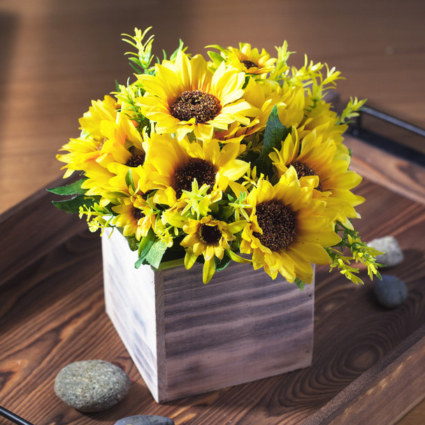 Mixed Sunflower Arrangement in Natural Wood Planter