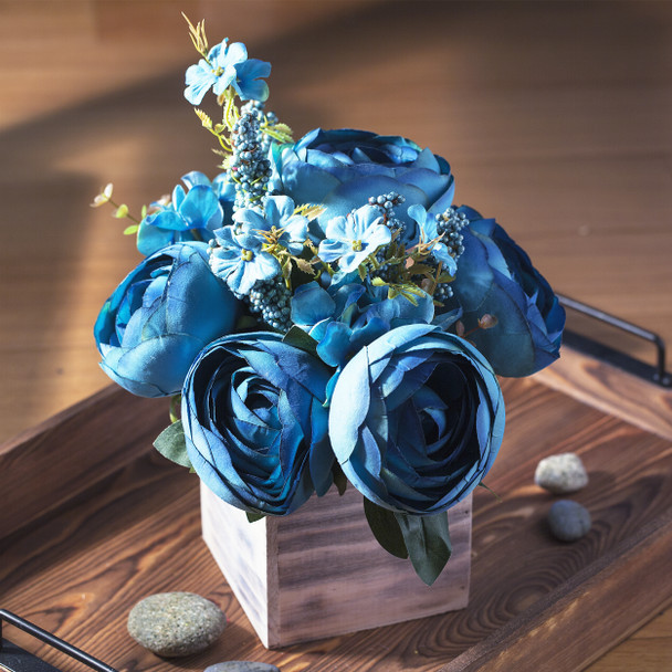 Blue Mixed Peony Flower Arrangement in Natural Wood Planter