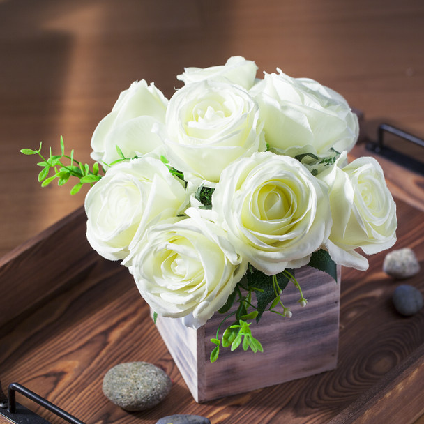 Cream Silk Rose Flower Arrangement in Natural Wood Planter