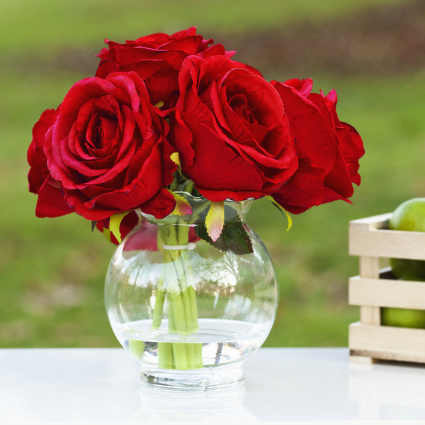 Silk Rose Flower Arrangement in Clear Glass Vase With Faux Water Silk Rose Flower Arrangement in Clear Glass Vase With Faux Water