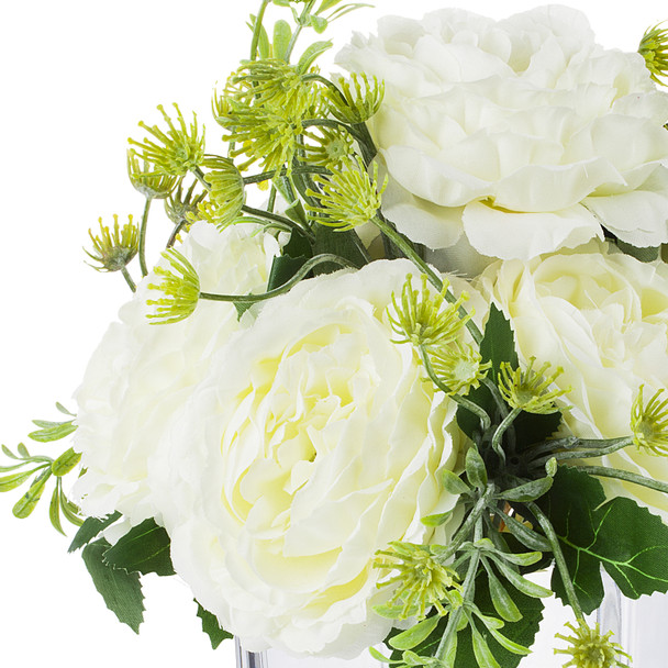 Mixed Cream Silk Peony Flower in Cube Glass Vase With Faux Water Mixed Cream Silk Peony Flower in Cube Glass Vase With Faux Water