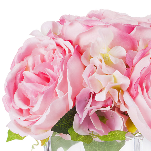 Mixed Pink Silk Peony and Hydrangea Flower in  Cube Glass Vase With Faux Water