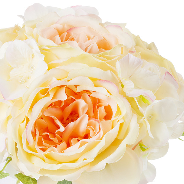 Mixed Champagne Silk Peony and Hydrangea Flower in  Cube Glass Vase With Faux Water