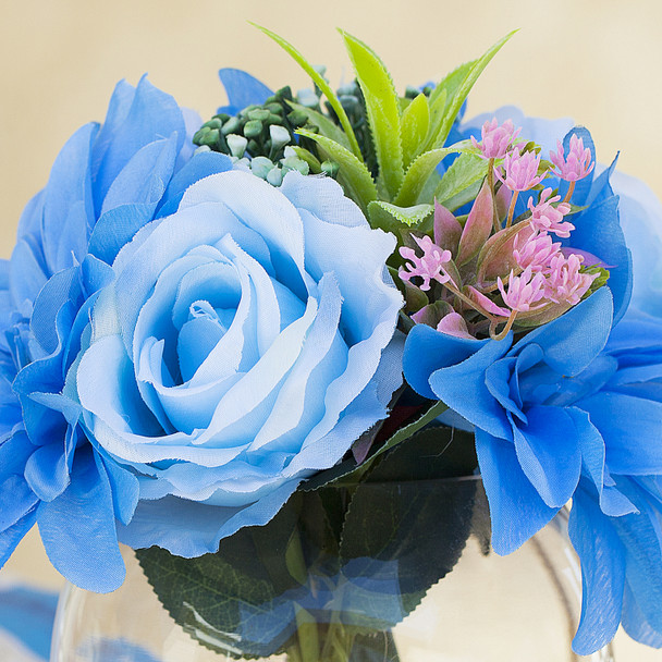 Mixed Blue Silk Rose and Dahlia Flower Arrangement in Clear Glass Vase With Faux Water Mixed Blue Silk Rose and Dahlia Flower Arrangement in Clear Glass Vase With Faux Water