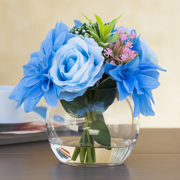 Mixed Blue Silk Rose and Dahlia Flower Arrangement in Clear Glass Vase With Faux Water Mixed Blue Silk Rose and Dahlia Flower Arrangement in Clear Glass Vase With Faux Water