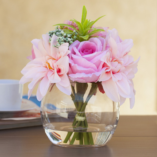 Mixed Pink Silk Rose and Dahlia Flower Arrangement in Clear Glass Vase With Faux Water Mixed Pink Silk Rose and Dahlia Flower Arrangement in Clear Glass Vase With Faux Water