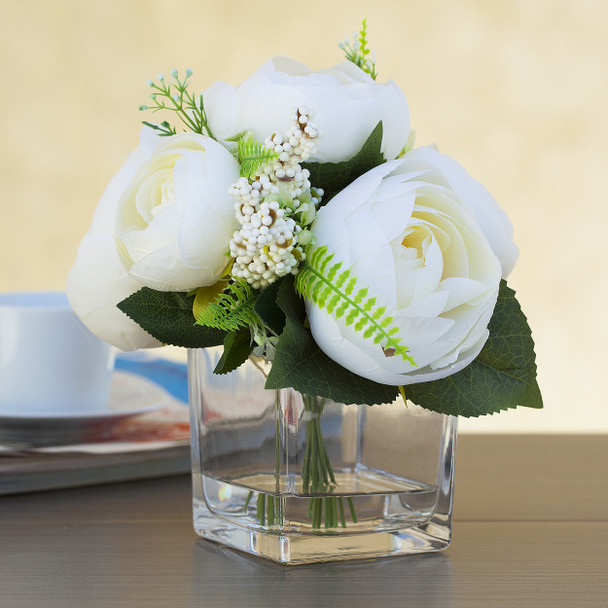 Mixed Cream Silk Peony Flower in Cube Glass Vase With Faux Water Mixed Cream Silk Peony Flower in Cube Glass Vase With Faux Water