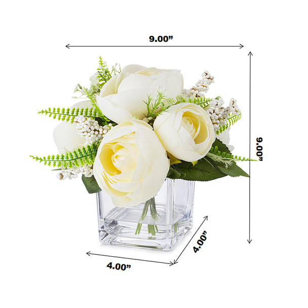 Mixed Cream Silk Peony Flower in Cube Glass Vase With Faux Water Mixed Cream Silk Peony Flower in Cube Glass Vase With Faux Water