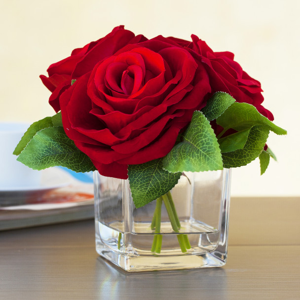 4 Large Heads Red Velvet Rose Flower in  Cube Glass Vase With Faux Water