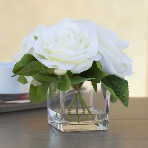 4 Large Heads Cream Velvet Rose Flower in  Cube Glass Vase With Faux Water