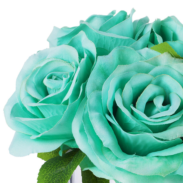 4 Large Heads Aqua Velvet Rose Flower in Cube Glass Vase With Faux Water 4 Large Heads Aqua Velvet Rose Flower in Cube Glass Vase With Faux Water