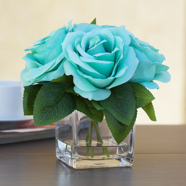 4 Large Heads Aqua Velvet Rose Flower in Cube Glass Vase With Faux Water 4 Large Heads Aqua Velvet Rose Flower in Cube Glass Vase With Faux Water