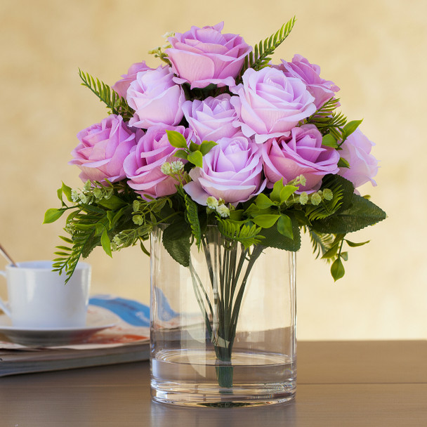  18 Heads Pink Silk Rose Flower in Clear Glass Vase With Faux Water