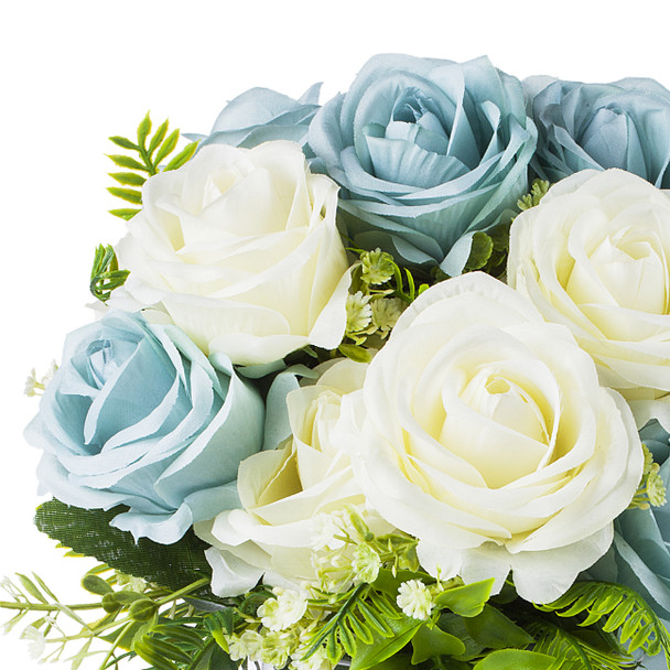 18 Heads Blue Cream Silk Rose Flower in Clear Glass Vase With Faux Water 18 Heads Blue Cream Silk Rose Flower in Clear Glass Vase With Faux Water