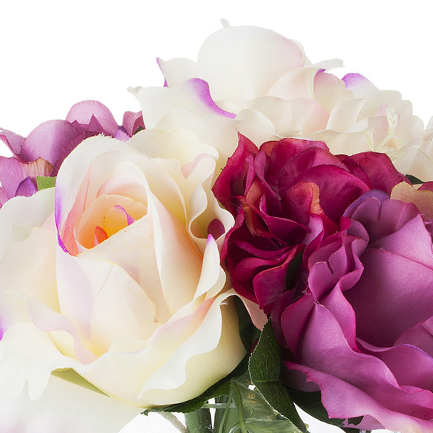 Purple Cream Silk Rose and Hydrangea Mixed Flower Arrangement in Glass Vase With Faux Water Purple Cream Silk Rose and Hydrangea Mixed Flower Arrangement in Glass Vase With Faux Water