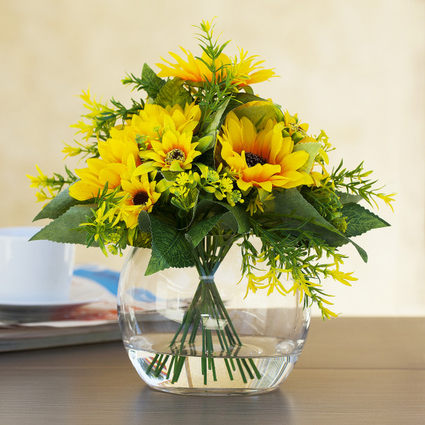 Mixed Silk Sunflower Arrangement in Clear Glass Vase With Faux Water