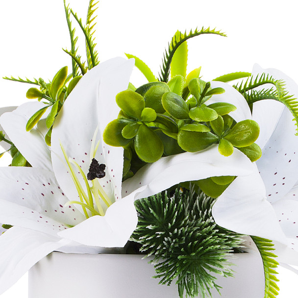 White Real Touch Tiger Lily with Mixed Greenery in White Ceramic Vase