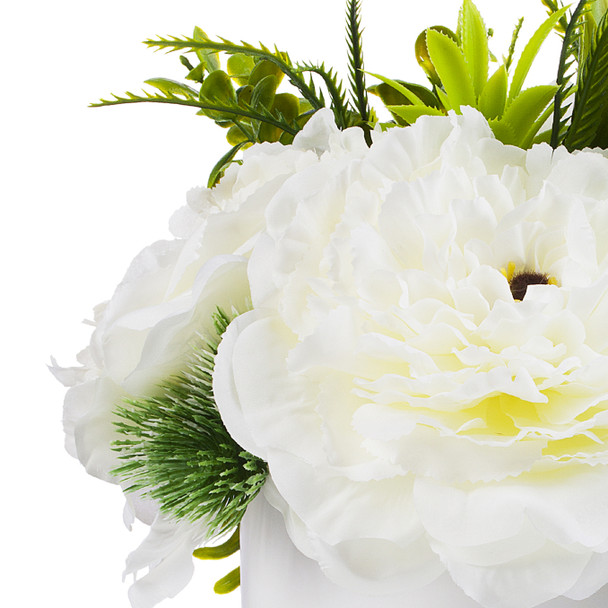 3 Large Cream Silk Peony Flower with Mixed Greenery in White Ceramic Vase 3 Large Cream Silk Peony Flower with Mixed Greenery in White Ceramic Vase